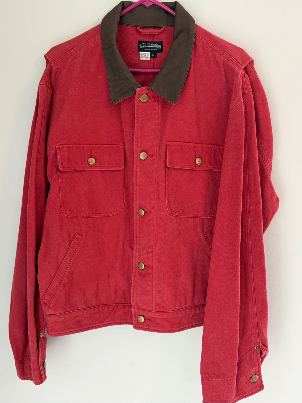 Vintage 90’s J. Peterman Men’s Red Canvas Barn Jean Jacket Leather Collar Medium